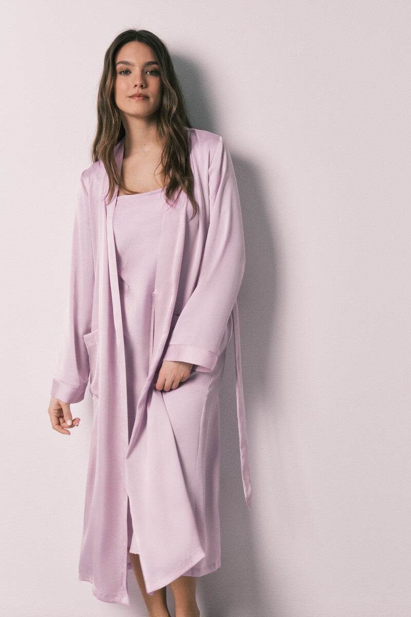 purple satin nightdress and dressing gown