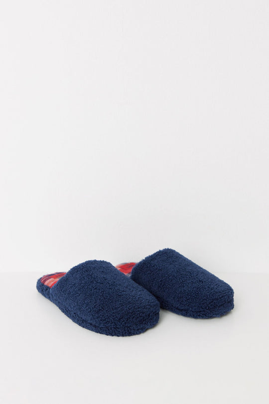 Navy blue faux shearling slippers