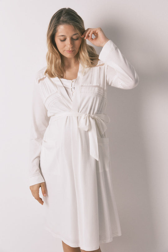 White cotton midi robe maternity