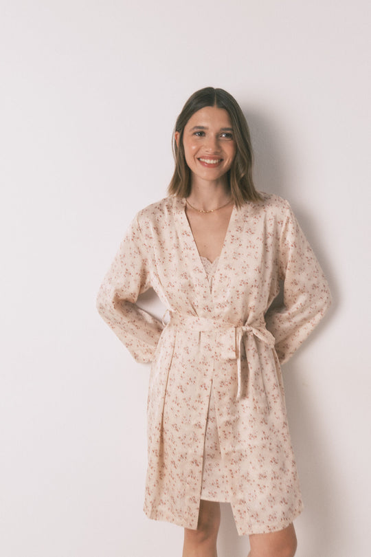 Loose midi satin robe with pink flower