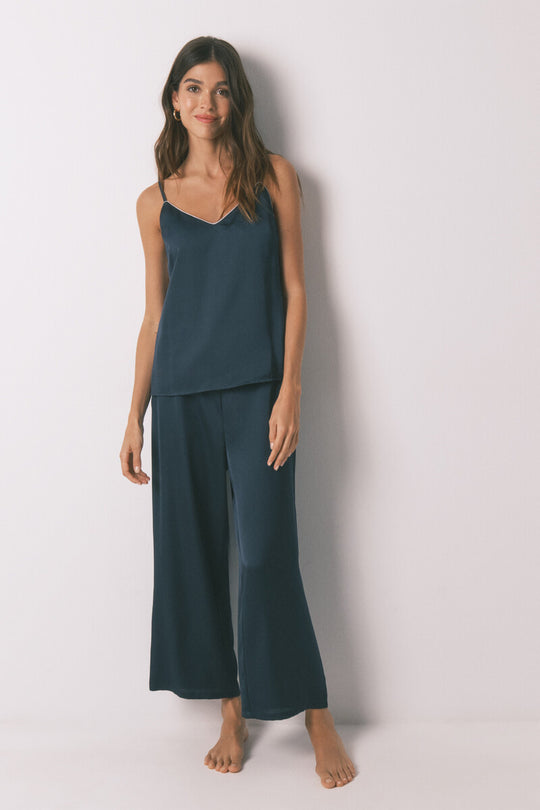 Long blue satin pajamas