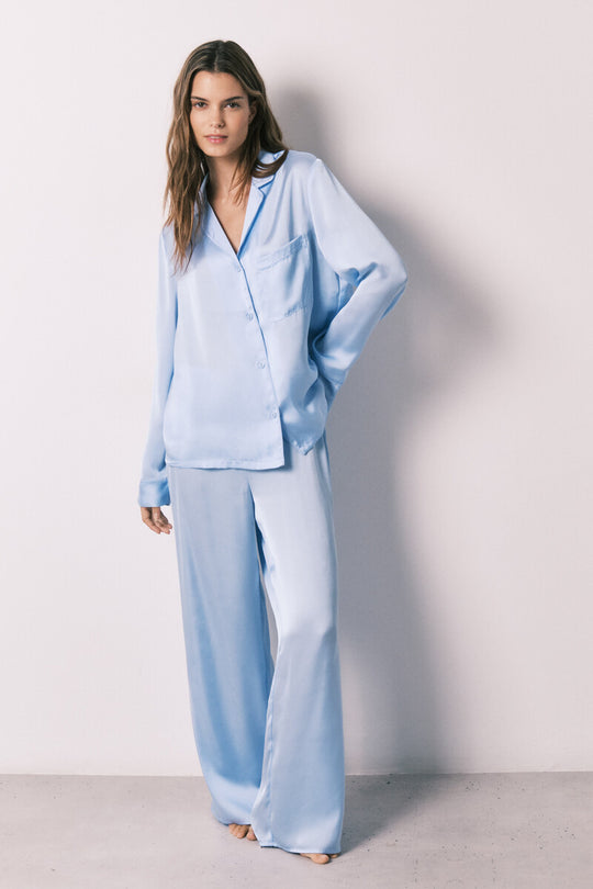 Blue satin classic long pyjamas