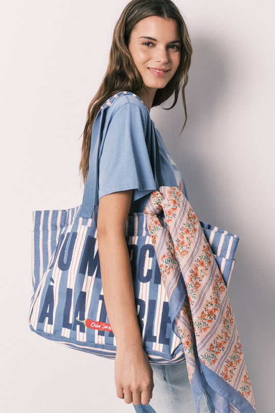 Striped cotton shopper bag