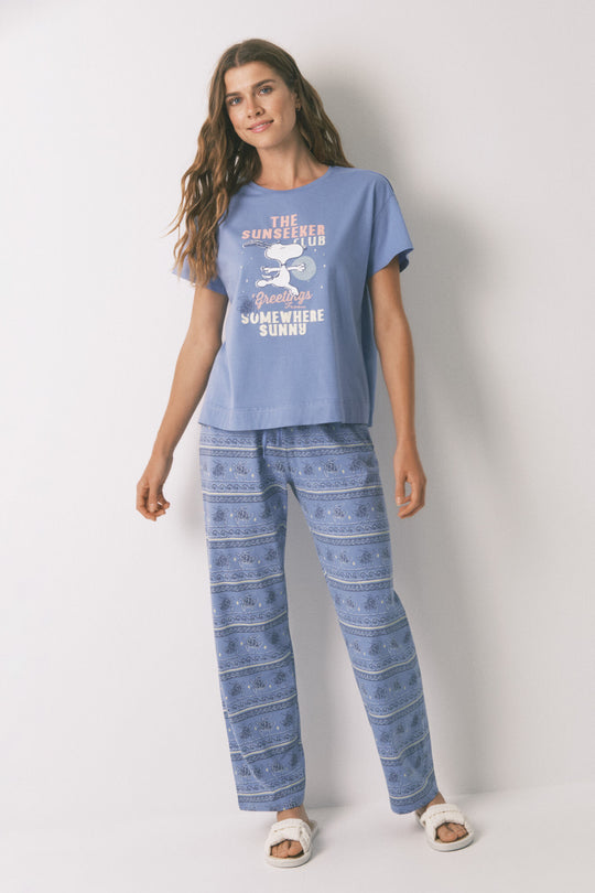 Long Snoopy short sleeve long pyjamas in blue cotton