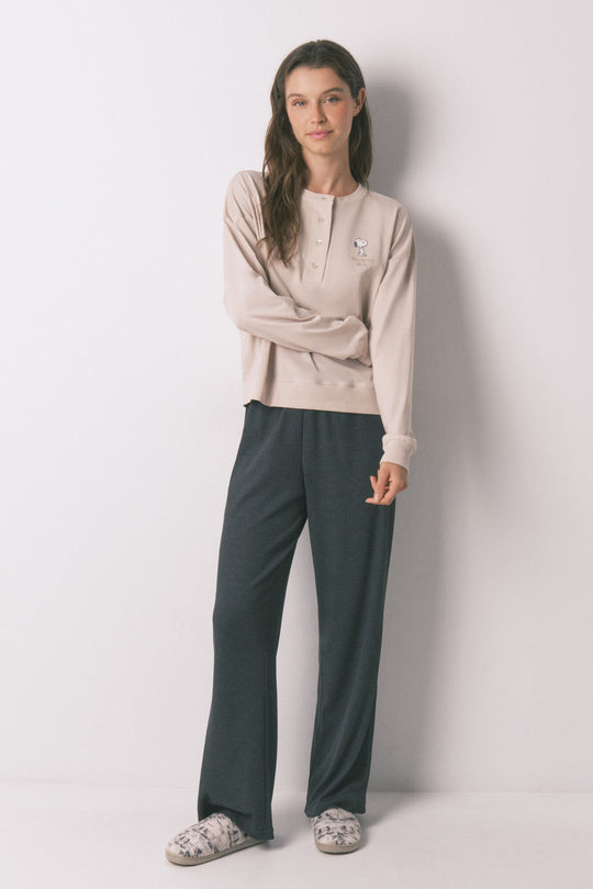 بيجاما طويلة سنوبي بلون بيج 100٪ قطن