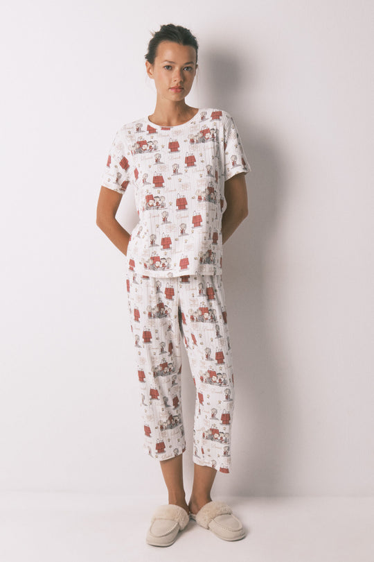 Snoopy Gray Ribbed Capri Pyjamas
