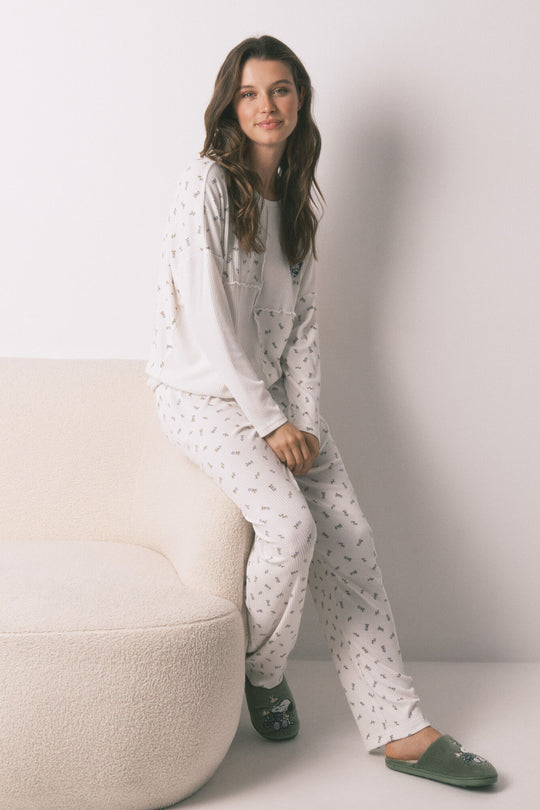 Mafalda ivory 100% cotton ribbed long pyjamas