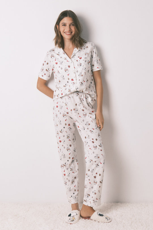 Long shirt-style 100% cotton white pajamas Snoopy