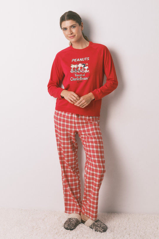 Long 100% cotton printed red check pajamas Snoopy