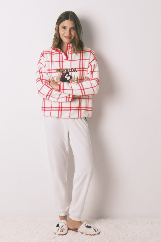 Long fleece pajamas white checks Mafalda