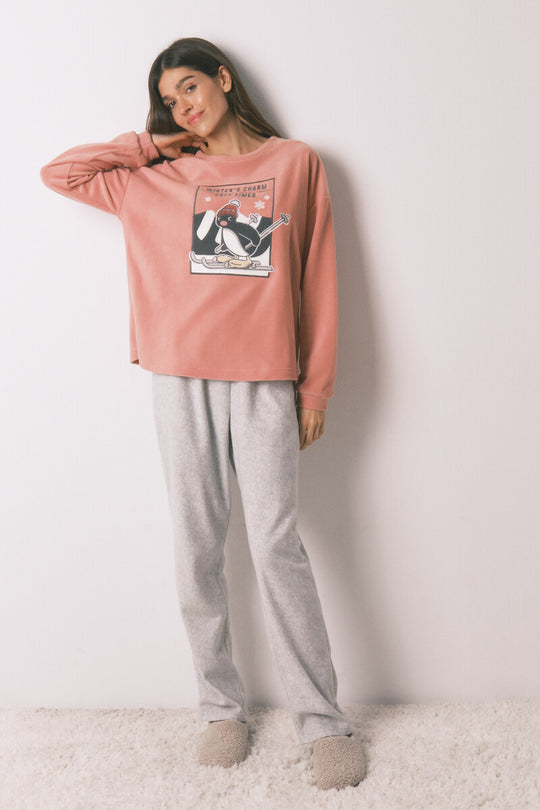 Soft pink and grey fleece long pyjamas Pingu