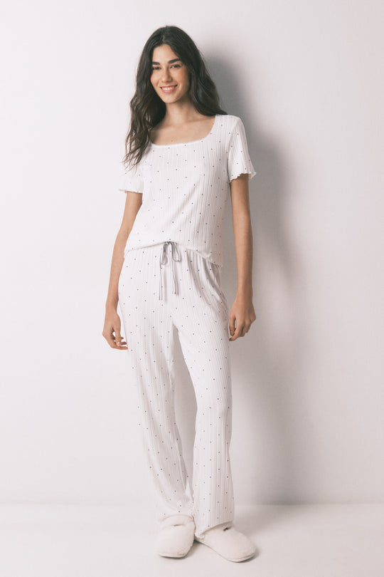 White ribbed star print pyjamas