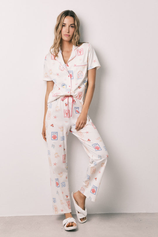 Multicoloured print white classic long pyjamas