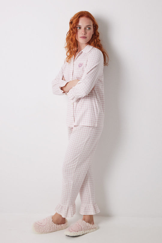 بيجاما قميص طويلة بنقشة مربعات وردية من القطن 100%