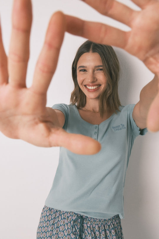 Green cotton short sleeve sleeved T-shirt