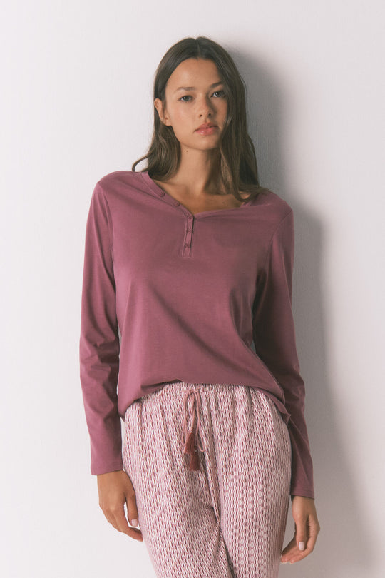Long sleeve brushed cotton maroon T-shirt