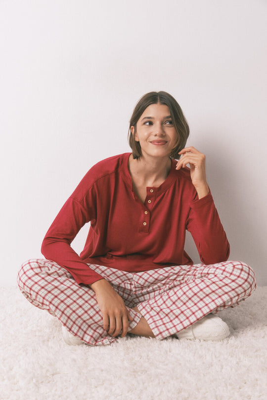 Red suede long sleeve jersey-knit T-shirt