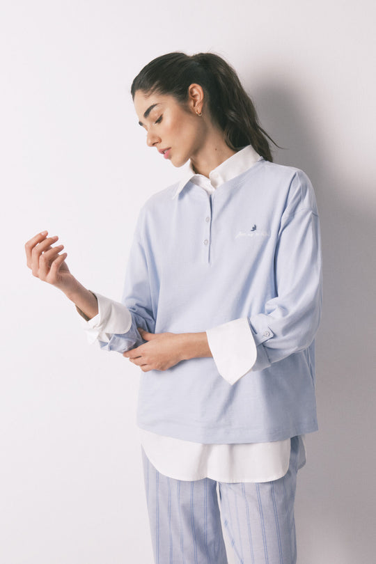 تيشيرت أزرق بأكمام طويلة من القطن 100%