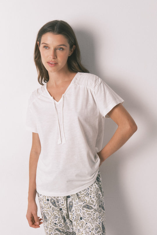 White cotton ruched short sleeve T-shirt