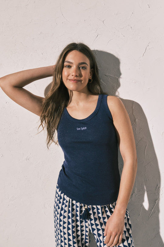 Navy lurex ribbed vest top