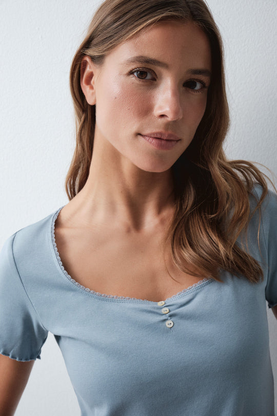 Blue cotton short sleeve T-shirt
