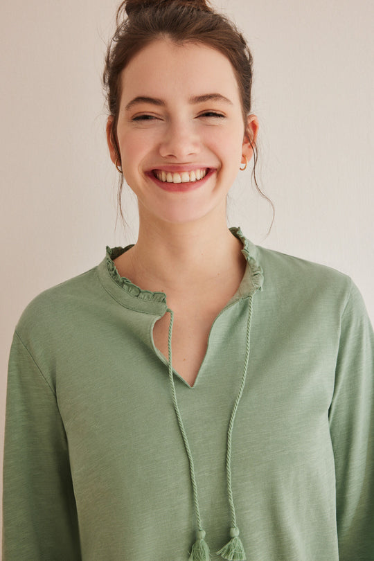 Green 100% cotton long-sleeved top