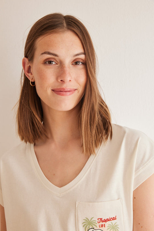 قميص قطن 100% بأكمام قصيرة سكوبي بلون عاجي