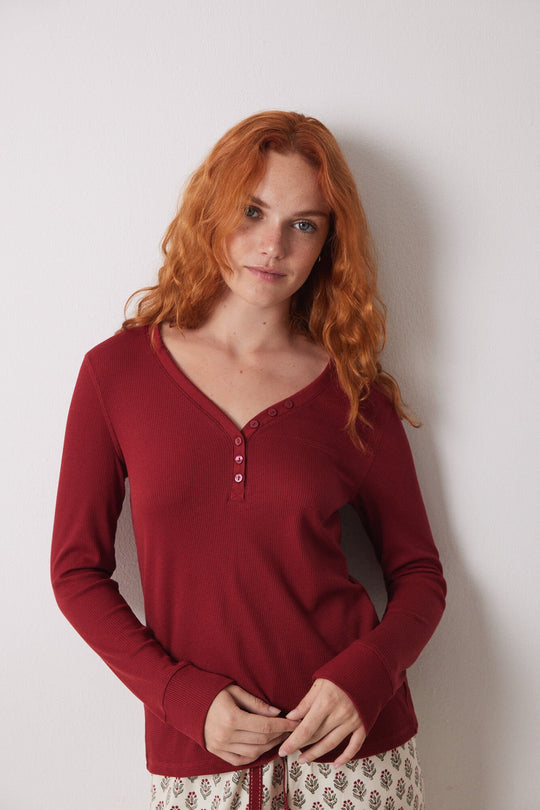 Red waffle fabric long sleeve -shirt