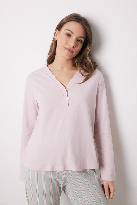 توب 100% قطن بأكمام طويلة باللون الوردي