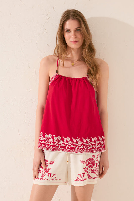 100% cotton red embroidered vest top