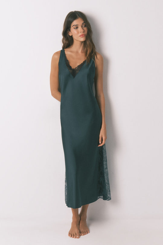 Long green satin nightgown