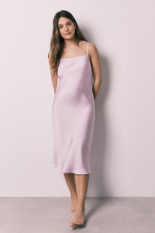 Lilac satin strappy midi nightgown