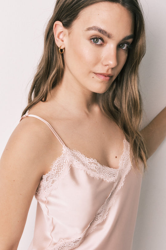 Asymmetric satin-finish strap short nightgown