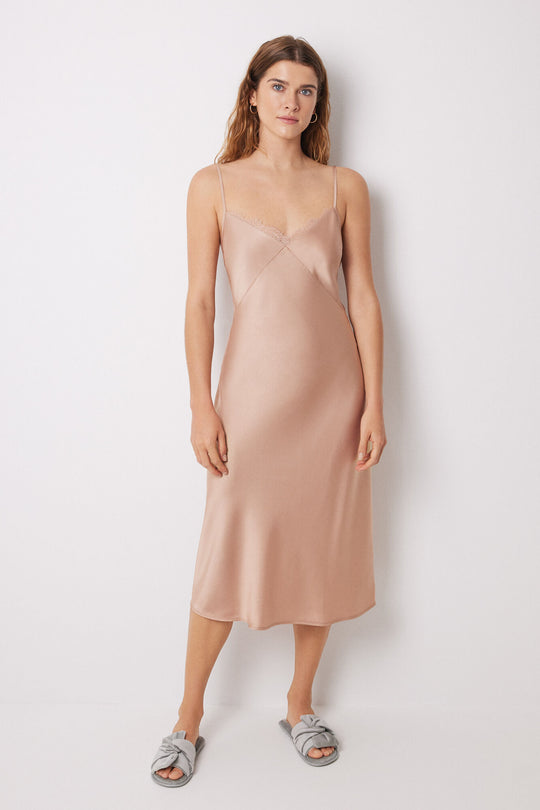 Nude satin and lace midi nightgown