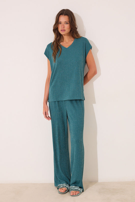 Green lurex t trouser and T-shirt set