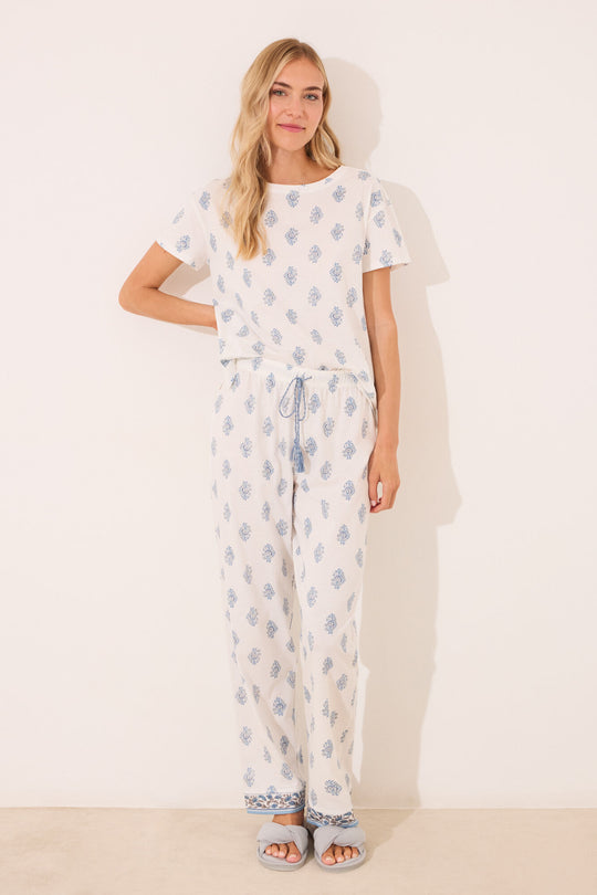 100% cotton white paisley long pyjamas