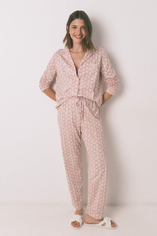 Long 100% cotton classic pyjamas with pink flowers