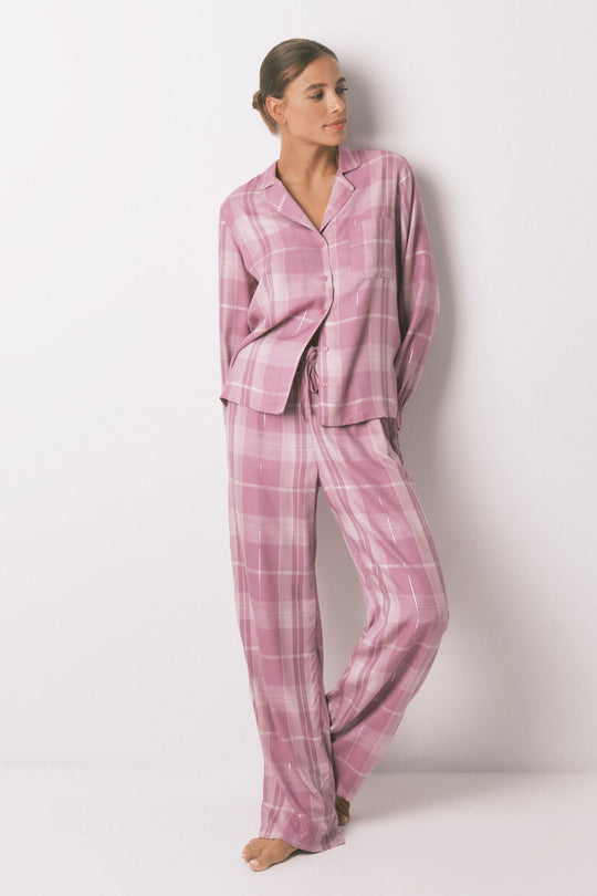 Pink checked viscose long classic pyjamas