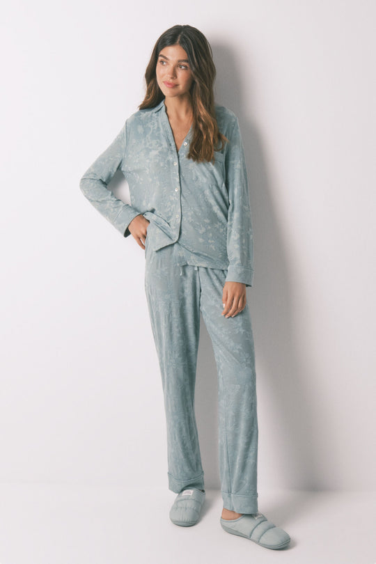 Long green floral jacquard classic pyjamas