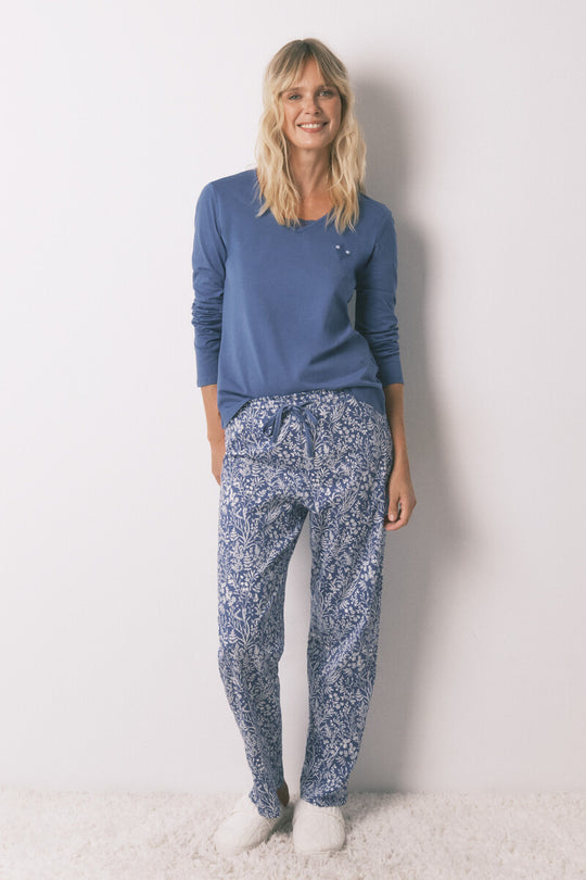 Long 100% cotton blue floral print pyjamas