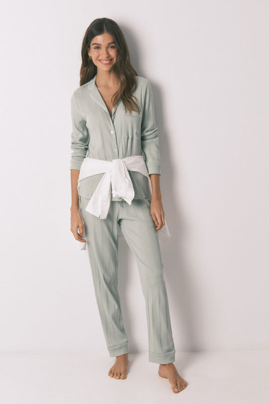 بيجاما طويلة كلاسيكية قطنية مضلعة باللون الأخضر