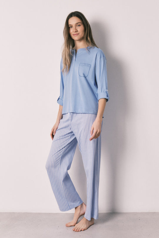 Blue cotton striped long pyjama