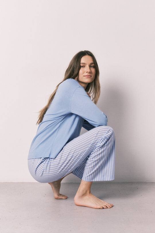 Blue cotton striped long pyjama