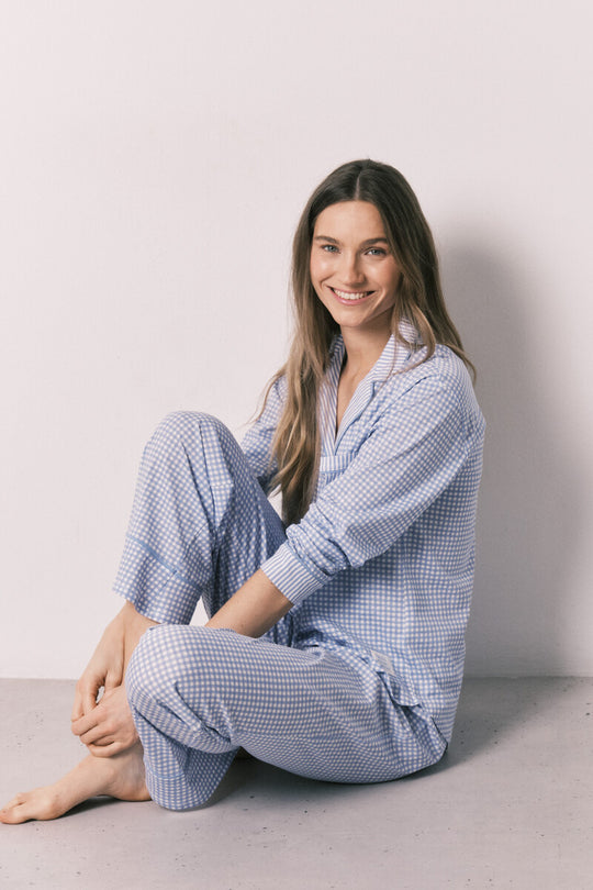Blue cotton classic long gingham print pyjamas