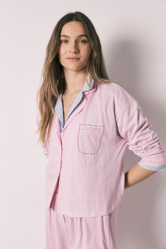 Pink cotton striped long classic pyjamas