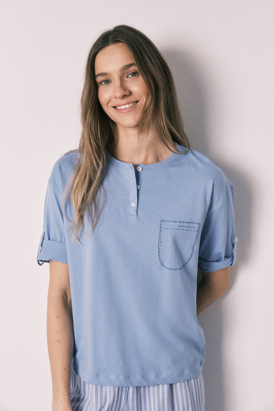 Short-sleeved cotton pajamas with blue striped pants
