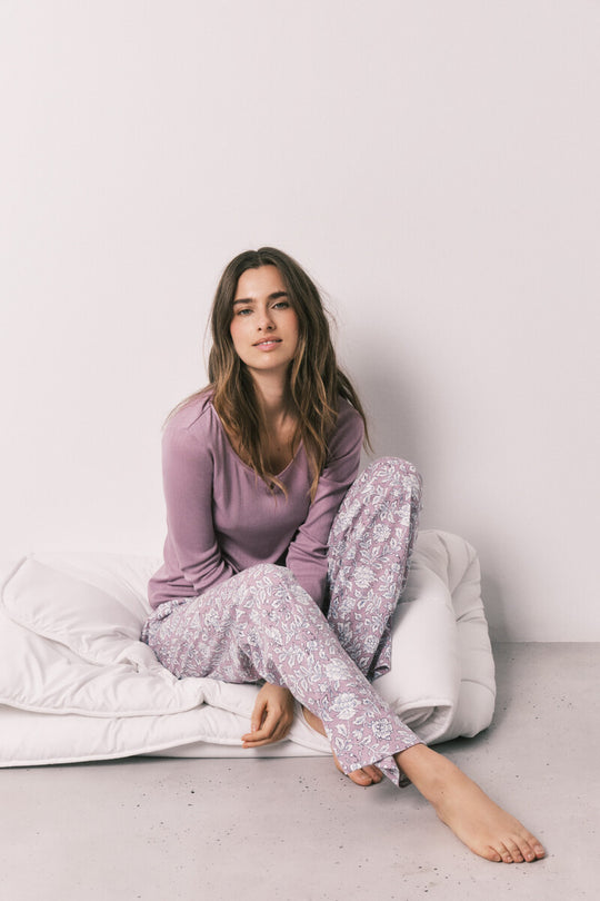 Pink floral print long pyjamas
