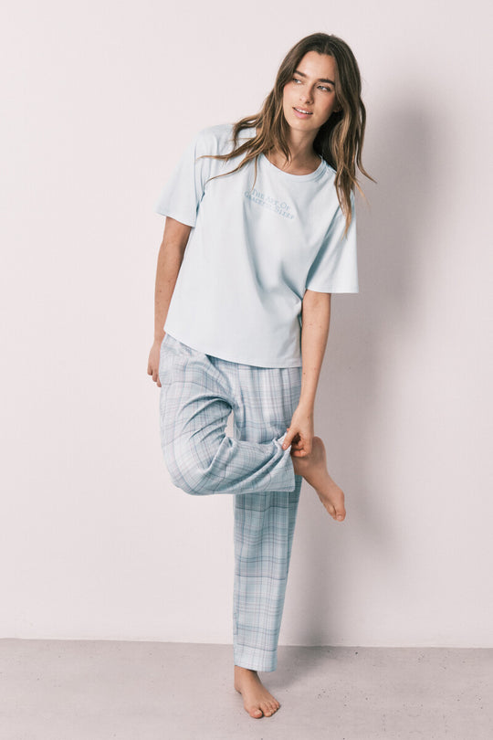 Blue 100% cotton plaid pyjamas