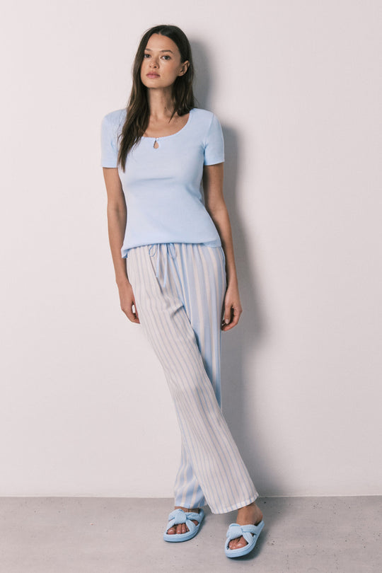 Blue cotton and viscose short sleeve long pyjamas