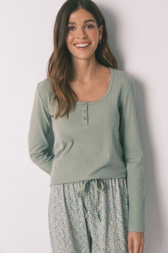 Green cotton floral print long pyjamas